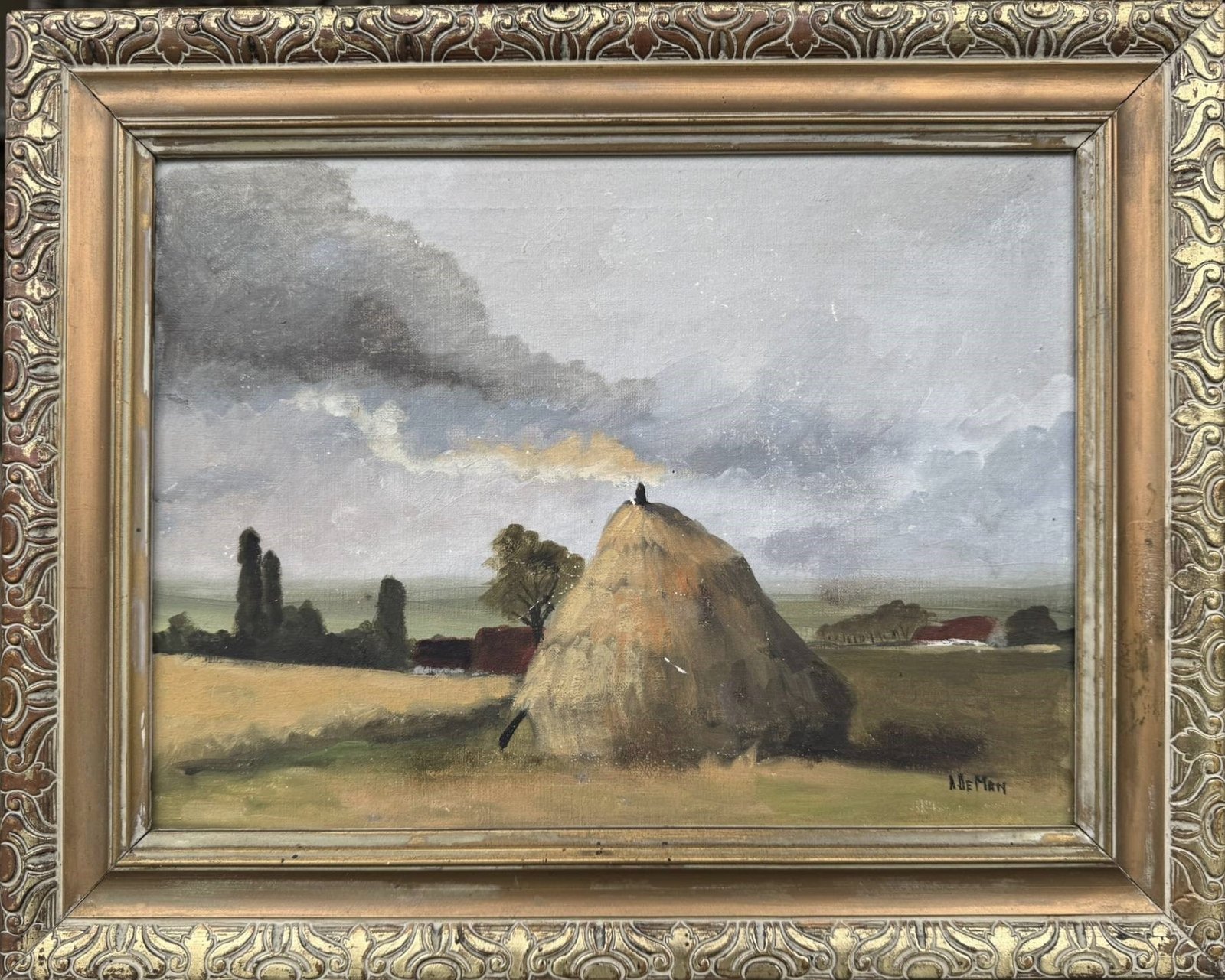 Vintage Haystack Landscape Painting by Belgian Artist A. De Man, 1970s 